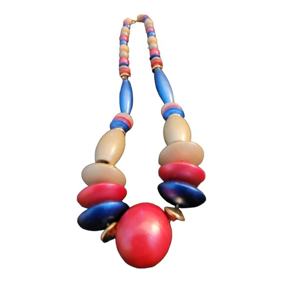 Vintage Wooden Bead Necklace 24" Blue Red Natural Gray Gold 4th Of July - Picture 2 of 4